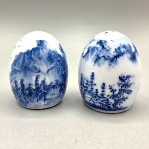 Blue White Porcelain Salt Pepper Shakers Scenic Landscape Pattern 2.25 Inch